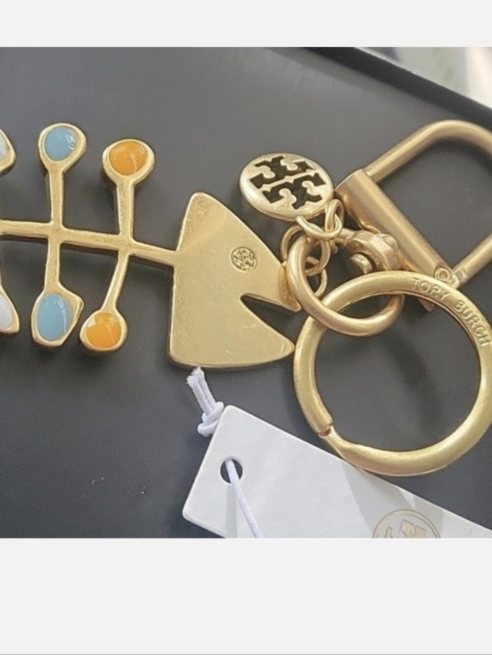 Tory Burch Gold Fishbone Enamel Keychain - Multicolor Accents - Picture 3 of 5
